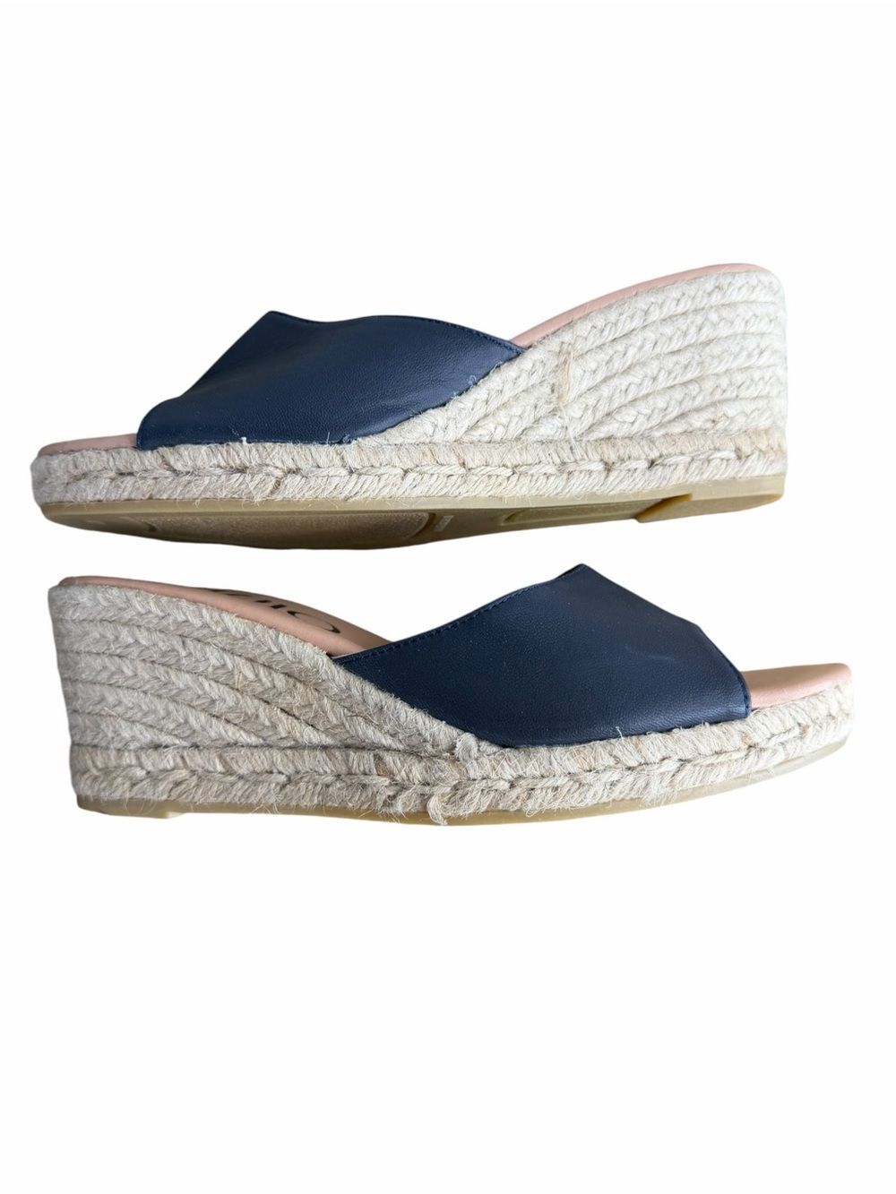 Gaimo Navy Blue Leather Wedge Espadrille Slide Sandals size 39/8.5M Chic Shoes